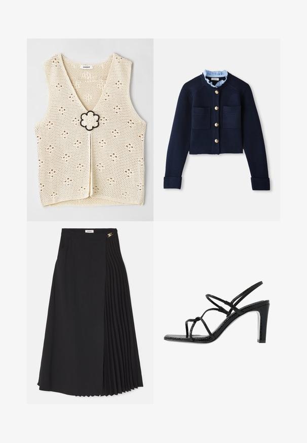 Cardigan croppato blu navy con due tasche frontali, bottoni dorati e colletto arricciato azzurro chiaro. Realizzato in materiale a coste.; sandro HAUT - Top - ecru; Gonna midi nera con design a pieghe su un lato, realizzata in tessuto leggero con zip nascosta e tasche laterali.; Sandali neri con tacco alto, dotati di sottili cinturini, finitura testurizzata, punta aperta e un design elegante con tacco affusolato. Presentano una soletta morbida e una superficie lucida.