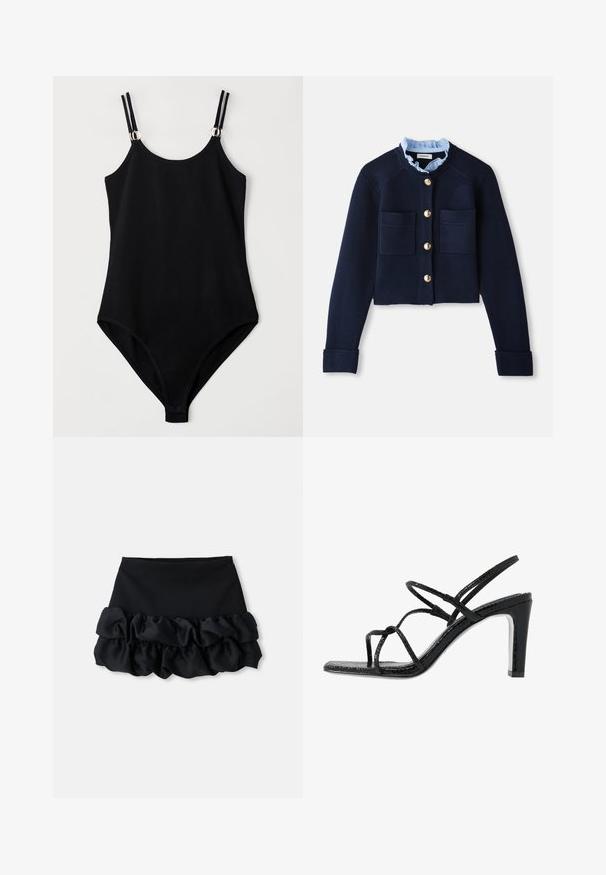 Navy cropped cardigan with two front pockets, gold buttons, and a light blue ruffled collar. Made of ribbed texture material.; Black swimsuit with a fitted design, featuring adjustable straps and silver hardware accents at the shoulders. Smooth, textured fabric.; Black mini skirt featuring a fitted top and three layers of ruffled fabric at the bottom, with a smooth texture and clean lines.; Black heeled sandals with thin straps, a textured finish, open toe, and a sleek, pointed heel design. Features a smooth insole and a shiny surface.