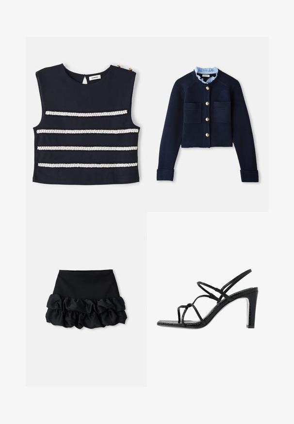 Sötétkék cropped kardigán, két elülső zsebbel, arany gombokkal és világoskék, fodros gallérral. Bordás textúrájú anyagból készült.; Tengerés kék ujjatlan felső, vízszintes fehér csíkokkal, gyöngyökkel díszítve, hátul kulcslyuk kivágással és arany színű gombokkal.; Fekete mini szoknya, amely illeszkedő topból készült, és alján három réteg fodros anyag található, sima textúrával és tiszta vonalakkal.; Fekete magassarkú szandál vékony pántokkal, texturált felsőrésszel, nyitott orral és karcsú, hegyes sarkú kialakítással. Simább talpbélével és fényes felületével rendelkezik.
