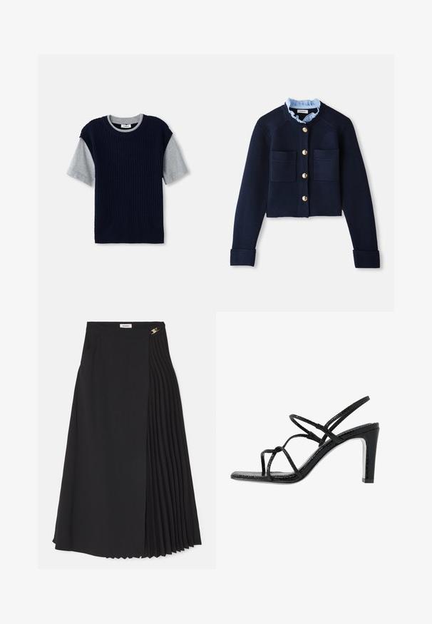 Navy cropped cardigan dengan dua kantong depan, kancing emas, dan kerah berkelah light blue. Terbuat dari bahan tekstur ribbed.; Laivasto sininen neulepaita, jossa on harmaat lyhyet hihat, pyöreä kaula-aukko ja ribbitetty tekstuuri. Sisältää kontrastivärejä kerrostetussa suunnittelussa.; Mustapleidi hame, jossa on laskostettu muotoilu yhdellä puolella, valmistettu kevyestä kankaasta, ja siinä on piilotettu vetoketju sekä sivutaskut.; Mustat korkokengät avonaisilla varpailla, ohuilla remmeillä, teksturoidulla pinnalla ja tyylikkäällä, teräväkärkisellä korolla. Sisältää sileän sisäpohjan ja kiiltävän pinnan.