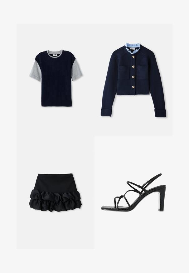 Cardigan scurt de culoare bleumarin, cu două buzunare frontale, nasturi aurii și o guler cu volane de culoare albastră deschisă. Fabricat dintr-un material cu textură ribbed.; Pulover tricotat bleumarin cu mâneci scurte gri, guler rotund și textură riblată. Prezintă culori contrastante într-un design stratificat.; Fustă mini neagră cu un top ajustat și trei straturi de material plisat în partea de jos, având o textură netedă și linii curate.; Sandale negre cu toc, cu barete subțiri, finisaj texturat, vârful deschis și un design elegant al tocului ascuțit. Au o talpă interioară netedă și o suprafață strălucitoare.