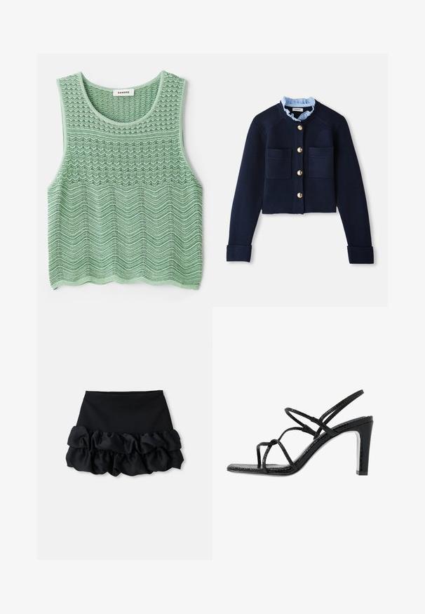 Navy cropped cardigan with two front pockets, gold buttons, and a light blue ruffled collar. Made of ribbed texture material.; Green knitted sleeveless top with a textured wave pattern, featuring a rounded neckline and straight hem. Label: Sandro.; Black mini skirt featuring a fitted top and three layers of ruffled fabric at the bottom, with a smooth texture and clean lines.; Black heeled sandals with thin straps, a textured finish, open toe, and a sleek, pointed heel design. Features a smooth insole and a shiny surface.