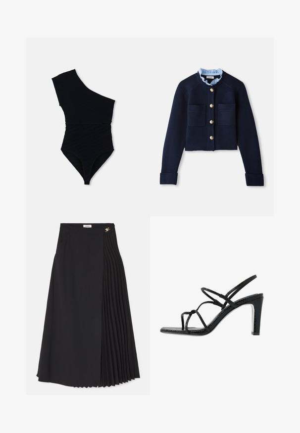 Mornarski skraćeni kardigan s dva prednja džepa, zlatnim gumbima i svijetloplavim volanom oko vrata. Izrađen od rebraste tkanine.; Crni jednodijelni kupaći kostim s dizajnom na jedno rame, teksturiranom rebrastom tkaninom, visokim izrezom na nogama i prilagođenom siluetom.; Crna midi suknja s naboranim dizajnom s jedne strane, napravljena od laganog materijala s skrivenim patentnim zatvaračem i bočnim džepovima.; Crne sandale na visokoj peti s tankim trakama, teksturiranom završnom obradom, otvorenim nožnim prstima i elegantnim, šiljastim dizajnom pete. Imaju glatku unutrašnjost i sjajnu površinu.