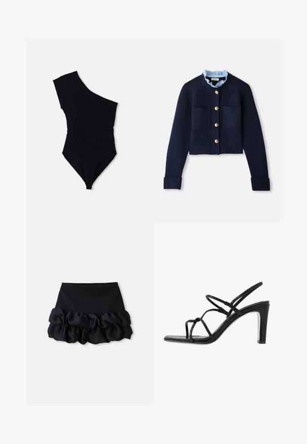 Navy cropped cardigan dengan dua kantong depan, kancing emas, dan kerah berkelah light blue. Terbuat dari bahan tekstur ribbed.; Mustapuku, jossa on yksivartinen muotoilu, tekstuurilla varustettu ribbekangas, korkeat lahkeet ja vartalonmyötäinen siluetti.; Mustat minihameet, joissa on istuva yläosa ja kolme kerrosta rypytettyä kangasta alareunassa, sileä pinta ja siistit linjat.; Mustat korkokengät avonaisilla varpailla, ohuilla remmeillä, teksturoidulla pinnalla ja tyylikkäällä, teräväkärkisellä korolla. Sisältää sileän sisäpohjan ja kiiltävän pinnan.