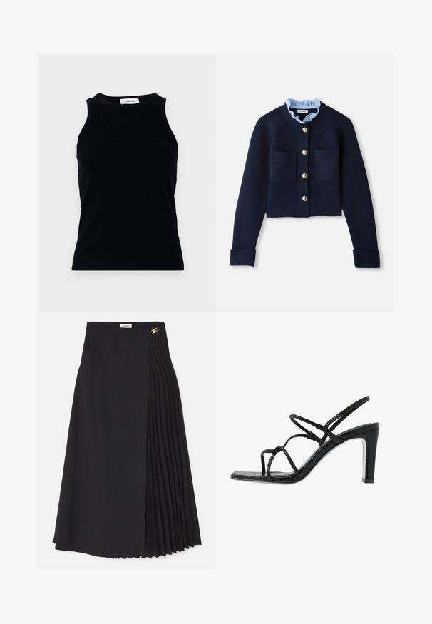 Cárdigan corto azul marino con dos bolsillos frontales, botones dorados y un cuello con volantes en azul claro. Fabricado en material de textura acanalada.; Top de tirantes negro de canalé con escote redondo y tirantes anchos. Sin adornos ni estampados. Textura suave.; Falda midi negra con un diseño plisado en un lado, elaborada en una tela ligera con cremallera oculta y bolsillos laterales.; Sandalias de tacón negro con cintas finas, un acabado texturizado, punta abierta y un diseño de tacón afilado y elegante. Presenta una plantilla suave y una superficie brillante.