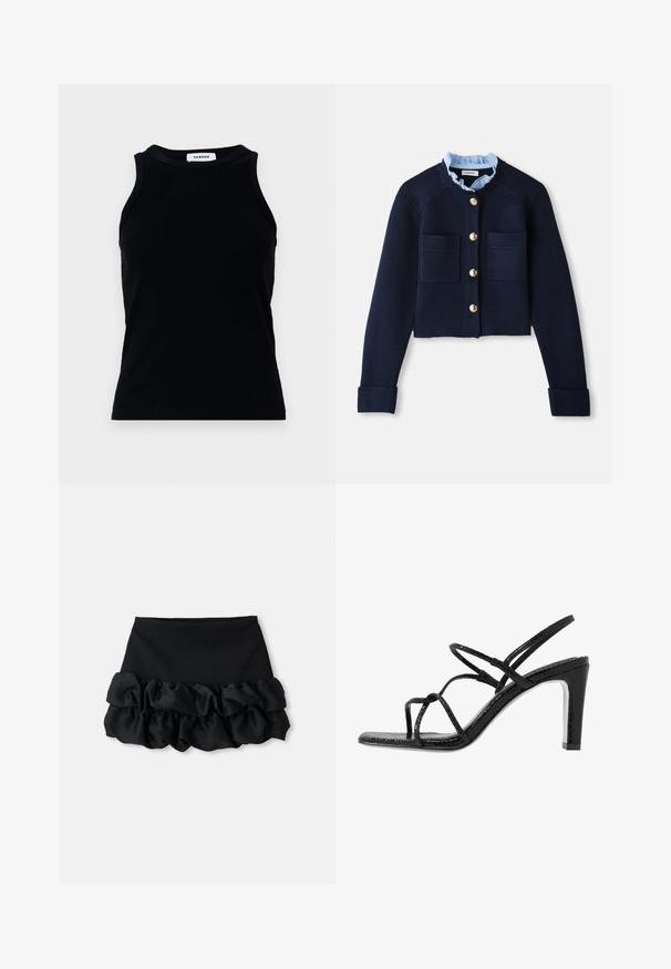 Cardigan croppato blu navy con due tasche frontali, bottoni dorati e colletto arricciato azzurro chiaro. Realizzato in materiale a coste.; Top a manica lunga nero a costine con scollatura rotonda e spalline larghe. Senza decorazioni o fantasie. Tessuto liscio.; Gonna mini nera con una parte superiore aderente e tre strati di tessuto arricciato nella parte inferiore, con una consistenza liscia e linee pulite.; Sandali neri con tacco alto, dotati di sottili cinturini, finitura testurizzata, punta aperta e un design elegante con tacco affusolato. Presentano una soletta morbida e una superficie lucida.
