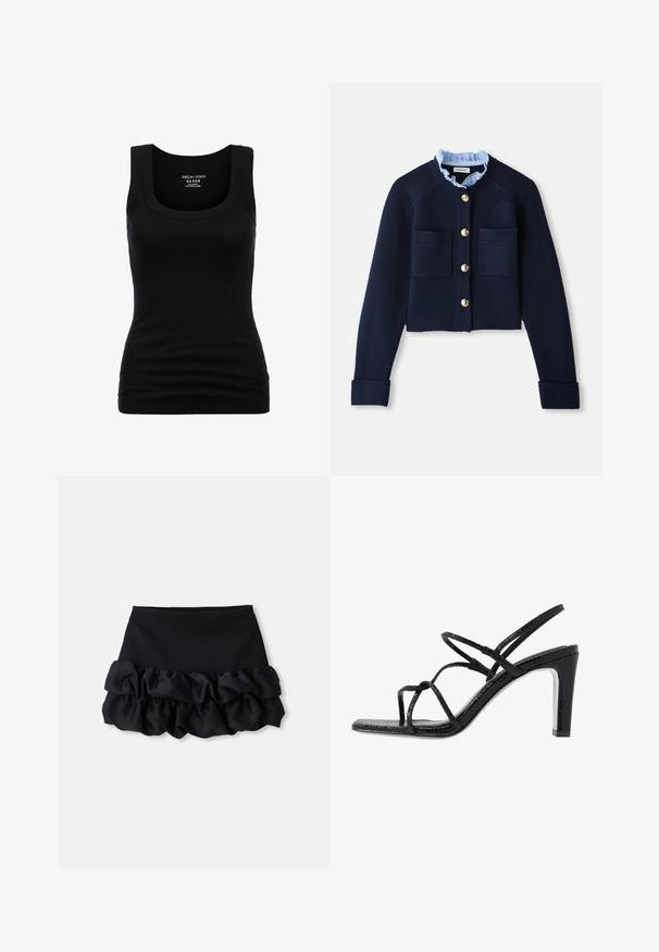 Mornarska skrajšana jopica z dvema sprednjima žepoma, zlatimi gumbi in svetlo modrim nabranim ovratnikom. Narejena je iz rebrastega materiala.; Črna majica brez rokavov z okroglim izrezom in širokimi naramnicami, izdelana iz raztegljivega bombažnega materiala, ki ima oprijet silhueto in gladko teksturo.; Črna mini krila z oprijetim zgornjim delom in tremi plastmi nagubanega blaga na dnu, z gladko teksturo in čistimi linijami.; Črne sandale s peto z tankimi trakovi, teksturirano površino, odprto prst in eleganten, koničast peto. Imajo gladko podplat in sijočo površino.