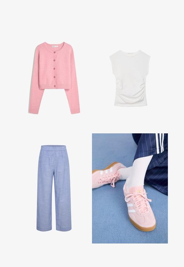 Svijetloružni skraćeni kardigan od mekog materijala s dugim rukavima, okruglim izrezom i šest odgovarajućih gumba sprijeda. Rebrasti rubovi na rukavima i donjem dijelu.; Bijela majica bez rukava s okruglim izrezom i suptilnim nabiranjem sa strane, prikazana ravno na bijeloj pozadini.; Svijetloplave široke hlače na pruge s elastičnim pojasom. Izrađene od prozračnog materijala, sa glatkom, mekanom teksturom i ležernim krojem.; Svijetlopinkaste suede tenisice s bijelim prugama i vezicama, sa teksturiranim jezikom i gumenim potplatom, postavljene na plavi tepih.