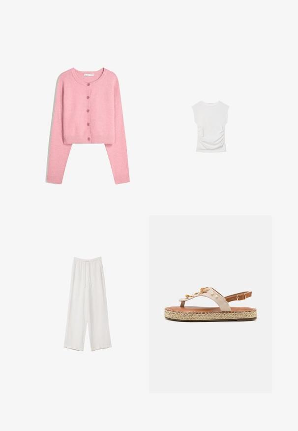 Ljusrosa kort cardigan gjord av mjukt tyg med långa ärmar, rund hals och sex matchande knappar framtill. Ribbad muddar och nederkant.; Vit kortärmad topp med rund halsringning. Har samlad struktur längs sidorna och en figurnära silhuett, tillverkad av mjukt, stretchigt material.; Vita vida byxor i vid passform gjorda av ett lättviktsmaterial. Har en elastisk midja med dragsko och sidofickor. Slät textur.; Beige lädersandaler med pärlprydnader och en espadrille-liknande sula. Justerbart ankelsnöre och vävd jute-detalj på plattformen.