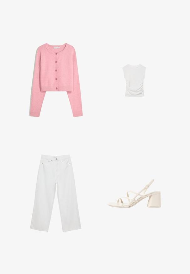 Light pink cropped cardigan made of soft fabric with long sleeves, round neck, and six matching buttons down the front. Ribbed cuffs and hem.; White short-sleeve top with a round neckline. Features gathered texture along the sides and a fitted silhouette, made from soft, stretchy material.; White wide-leg jeans made of denim with a high waist, featuring five pockets and metal hardware accents. Smooth texture, no visible patterns.; Beige heeled sandals with slender, crisscross straps, open toe, and a square block heel. Smooth patent finish, adjustable ankle strap.