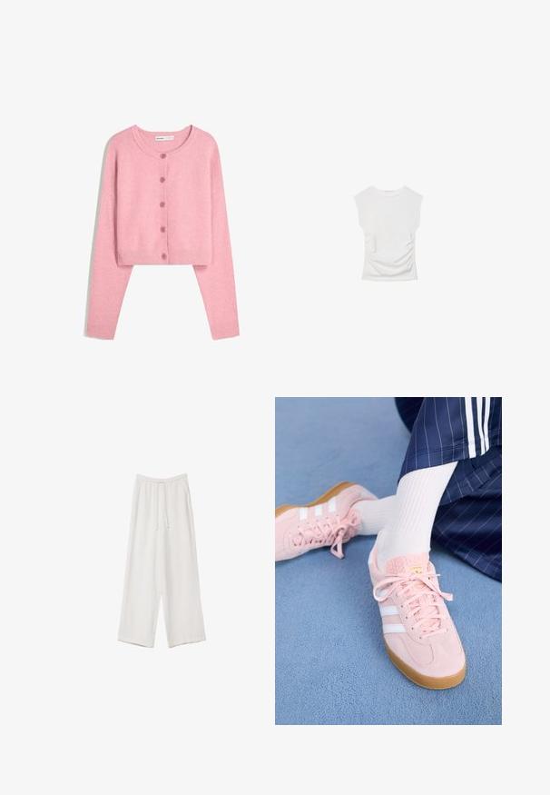 Helle rosa verkürzte Strickjacke aus weichem Material mit langen Ärmeln, rundem Hals und sechs passenden Knöpfen vorne. Gerippte Bündchen und Saum.; Weißes Kurzarmoberteil mit Rundhalsausschnitt. Verfügt über geraffte Textur an den Seiten und eine figurbetonte Silhouette, gefertigt aus weichem, dehnbarem Material.; Weiße weit geschnittene Hose aus leichtem Stoff. Mit einem elastischen Bund und Kordelzug sowie Seitentaschen. Glatte Textur.; Hellrosa Wildleder-Sneaker mit weißen Streifen und Schnürsenkeln, ausgestattet mit einer strukturierten Zunge und einer Gummisohle, auf einem blauen Teppich platziert.