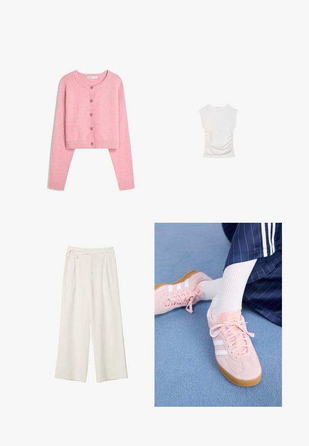 Light pink cropped cardigan made of soft fabric with long sleeves, round neck, and six matching buttons down the front. Ribbed cuffs and hem.; White short-sleeve top with a round neckline. Features gathered texture along the sides and a fitted silhouette, made from soft, stretchy material.; Wide-leg pants in off-white fabric with a smooth texture. Features a tied waist and pleated front, designed for a relaxed fit.; Light pink suede sneakers with white stripes and laces, featuring a textured tongue and a gum sole, placed on a blue carpet.