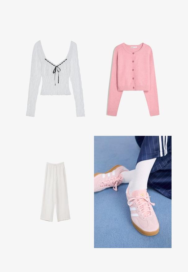 Helle rosa verkürzte Strickjacke aus weichem Material mit langen Ärmeln, rundem Hals und sechs passenden Knöpfen vorne. Gerippte Bündchen und Saum.; Weißes Langarmoberteil mit strukturiertem Stoff, tiefem V-Ausschnitt und einem schwarzen Satinband in der Mitte. Raffung am Oberteil mit ausgestelltem Saum.; Weiße weit geschnittene Hose aus leichtem Stoff. Mit einem elastischen Bund und Kordelzug sowie Seitentaschen. Glatte Textur.; Hellrosa Wildleder-Sneaker mit weißen Streifen und Schnürsenkeln, ausgestattet mit einer strukturierten Zunge und einer Gummisohle, auf einem blauen Teppich platziert.