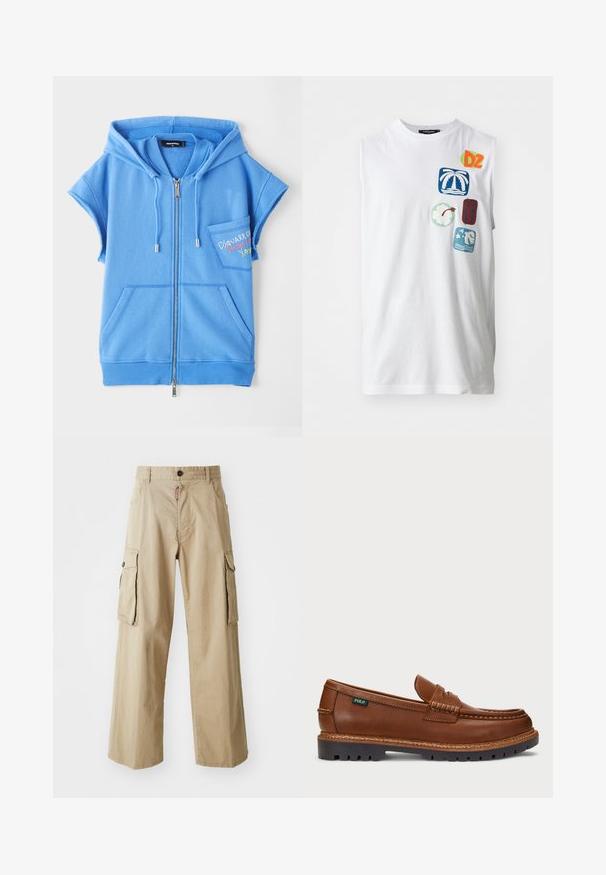 Sinine tõmblukk-kapuutsiga vest, mis on valmistatud pehmest kangast, millel on eesmine tasku, lühikesed varrukad ja tikkitud tekst rinnal.; Valge ilma varrukateta puuvillane t-särk, millel on värvikad graafilised plaastrid, sealhulgas palmid, lilled ja abstraktsed kujundid sinise, rohelise ja punase värviga.; Beezid puuvillased cargo püksid, laiade jalgade kujundusega, kahes suures küljetaskus ja nööp sulgemisega vööl.; Pruun nahast madal king, millel on dekoratiivne õmblus ja tekstureeritud varvas. Talla disain on robustne, pakkudes haarduvust ja vastupidavust.