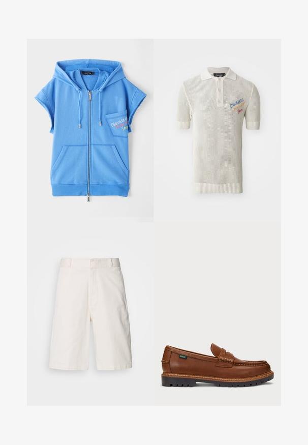 Kék, cipzáras kapucnis mellény, puha anyagból készült, elülső zsebbel, rövid ujjú, és hímzett felirattal a mellrészen.; Tejbevonatú, krém színű pólóing rövid ujjakkal, bordás gallérral, három gombos gombolással és színes hímzett részletekkel.; Fehér pamut rövidnadrág laza szabással, két elülső zsebbel, cipzáras nyitással és sima textúrával. Tiszta, egyszerű dizájn minta nélkül.; Barna bőr mokaszin díszes varrással és texturált orral. Az talpa strapabíró kialakítással rendelkezik, amely tapadást és tartósságot biztosít.