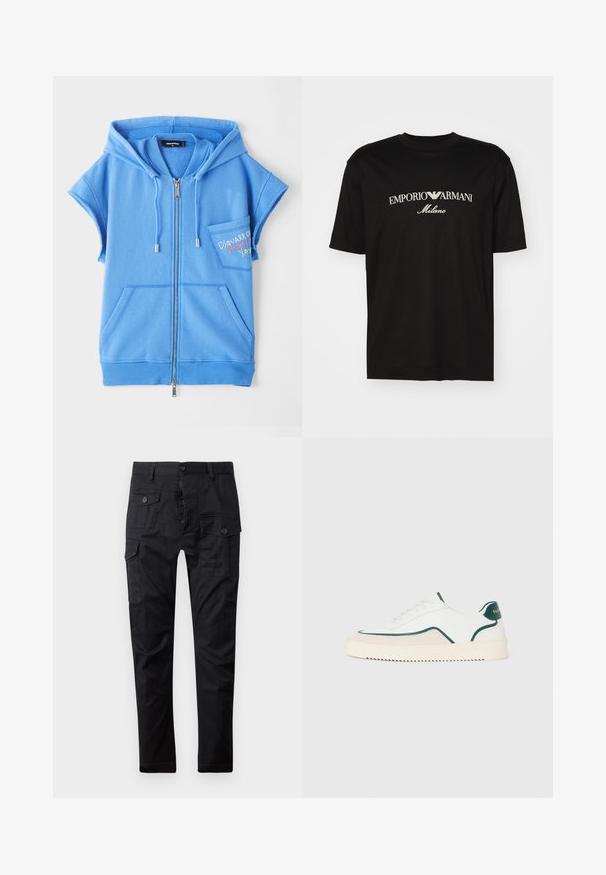 Blue zip-up hoodie vest made of soft fabric, featuring a front pocket, short sleeves, and embroidered text on the chest.; Black cotton T-shirt featuring a round neckline, short sleeves, and "EMPORIO ARMANI" logo in white above "Milano" in a curved design.; Black cargo pants made of durable fabric, featuring multiple pockets, a button fly, and a straight leg design. Smooth texture and matte finish.; White low-top sneaker with green trim, beige suede detailing, and a cream-colored sole with a ridged bottom.