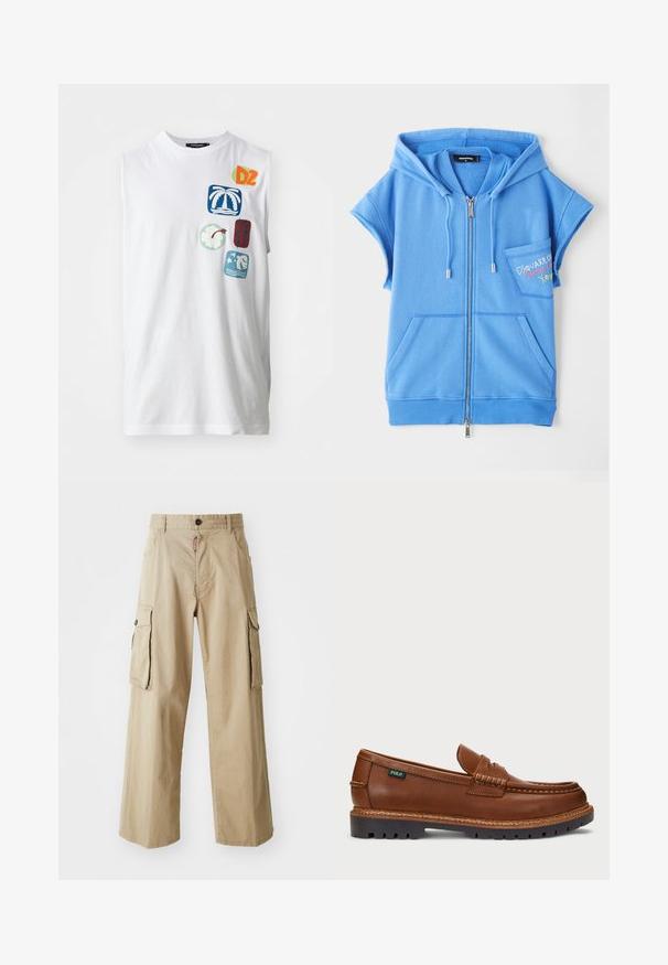 Blue zip-up hoodie vest made of soft fabric, featuring a front pocket, short sleeves, and embroidered text on the chest.; White sleeveless cotton t-shirt featuring colorful graphic patches, including palm trees, flowers, and abstract designs in blue, green, and red.; Beige cargo pants made from cotton, featuring a wide leg design, two large side pockets, and a button closure at the waist.; Brown leather loafer with decorative stitching and a textured toe. The sole features a rugged design, offering traction and durability.