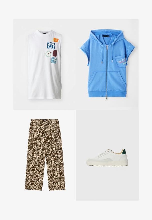 Gilet con zip blu realizzato in tessuto morbido, con tasca frontale, maniche corte e testo ricamato sul petto.; T-shirt bianca senza maniche in cotone con grafica colorata, comprese patch di palme, fiori e design astratti in blu, verde e rosso.; YOURTURN UNISEX - Jeans baggy - beige/black; Sneaker bianco con accenti in camoscio, punta rotonda, lacci piatti e suola in gomma crema. Presenta un marchio verde sul tallone.