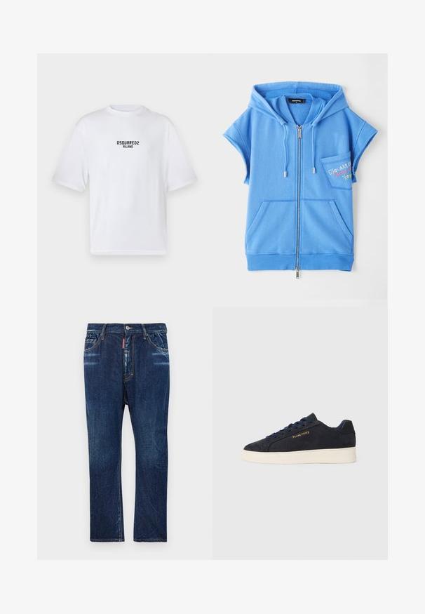 Blå zip-up hoodie väst tillverkad av mjukt material, med en framficka, korta ärmar och broderad text på bröstet.; Vit t-shirt i bomull med rund halsringning och korta ärmar. Har en svart tryckt logotyp med texten "DSQUARED2 MILANO" på bröstet.; Mörkblå denimjeans med rak passform, med ljus blekning, gula sömmar, framfickor och knappstängning.; Mörkblå mocka låga sneakers med vit sula, mörkblå snören och "Filling Pieces"-logotyp i guld på sidan.