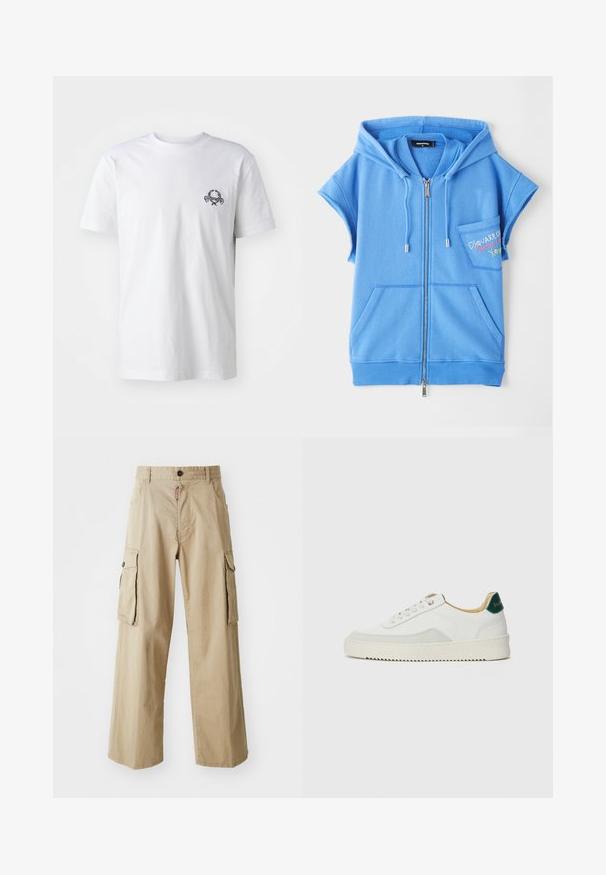 Blauwe zip-up hoodie vest van zachte stof, met een voorzak, korte mouwen, en geborduurde tekst op de borst.; Witte katoenen t-shirt met een klein zwart geborduurd ontwerp op de borst; korte mouwen en een klassieke ronde hals.; Beige cargobroek van katoen, met een brede pijpdesign, twee grote zijzakken en een knoopsluiting bij de taille.; Witte sneaker met suède accenten, ronde neus, platte veters en een crème rubberen zool. Bevat groene branding op de hiel.