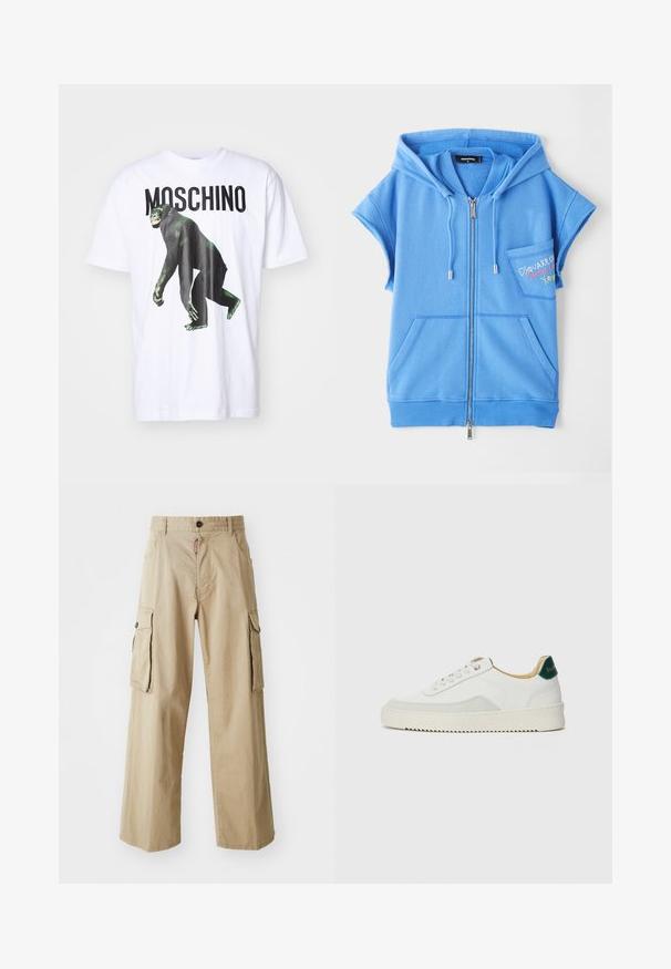 Modrá zipová mikina bez rukávů vyrobená z měkké látky, s přední kapsou, krátkými rukávy a vyšitým textem na prsou.; Bílá bavlněná tričko s černou grafikou opice a výrazným textem "MOSCHINO" v černé barvě. Volný střih s krátkými rukávy a kulatým výstřihem.; Béžové cargo kalhoty vyrobené z bavlny, s širokými nohavicemi, dvěma velkými bočními kapsami a zapínáním na knoflík v pase.; Bílé tenisky se semišovými prvky, kulatou špičkou, plochými tkaničkami a krémovou gumovou podrážkou. Na patě mají zelené logo.