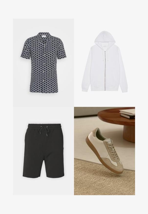 Sudadera blanca con cremallera, confeccionada en una mezcla de algodón. Cuenta con bolsillos frontales, capucha con cordón ajustable y puños y dobladillo de canalé. Textura suave.; Camisa de manga corta azul marino con un patrón circular en blanco, con una parte delantera abotonada y una textura de tela suave.; Pantalones cortos de algodón negros con cintura elástica, cierre de cordón y bolsillos laterales. Textura suave; diseño hasta la rodilla.; Zapatillas ligeras con parte superior de cuero blanco y detalles en gamuza beige, punta redonda y suela de goma marrón texturizada.