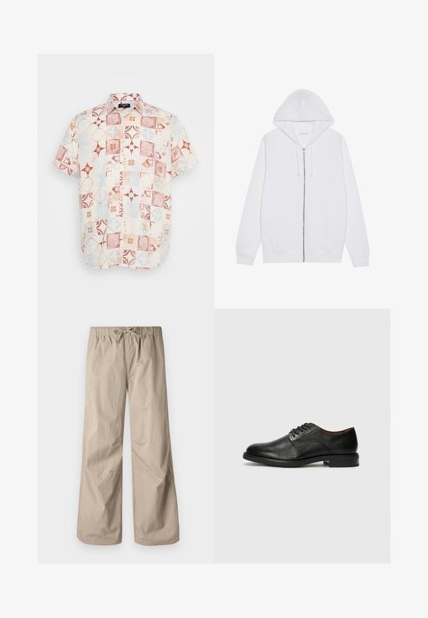 Haut à zip blanc en tissu mélangé coton. Comprend des poches avant, une capuche avec cordon de serrage et des poignets et un ourlet côtelés. Texture lisse.; Chemise à manches courtes boutonnée en tissu léger avec un design en patchwork comportant des motifs géométriques rouges, bleus et crème.; Pantalons beiges à jambes larges avec une taille élastique et un cordon de serrage. Texture lisse, deux poches latérales et coutures minimales pour un ajustement décontracté.; Tommy Hilfiger VOGUE LTH - Derbies & Richelieus - black