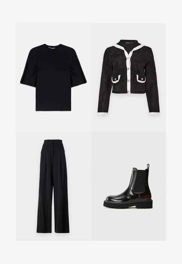 Musta lyhyt takki pehmeästä kankaasta, jossa on valkoinen merimieskaulus, hopeiset napit ja kaksi etutaskua valkoisilla reunoilla.; Musta lyhythihainen paita, jossa on leveät, levenevät hihat ja pyöreä kaula-aukko, esillä valkoista taustaa vasten.; Musta leveälahkeinen housu korkealla vyötäröllä, jossa on laskostuksia edessä ja sileä pinta. Ei näkyviä logoja tai kuvioita.; Mustat nahkaiset Chelsea-saappaat, joissa on elastiset sivupaneelit ja vetotappi. Paksu kumipohja, jossa on teksturoitu kuvio. Kiiltävä pinta.