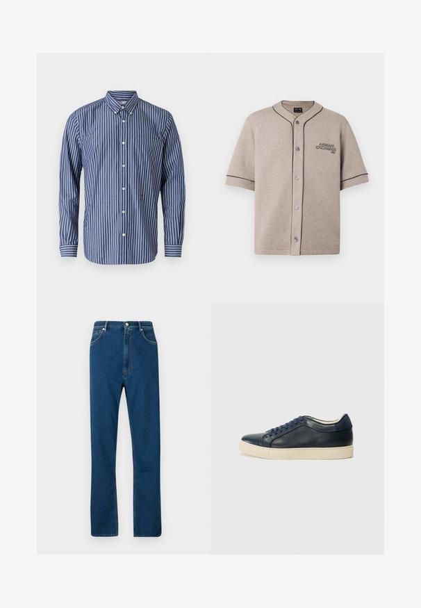Lichtbeige korte mouwen overhemd met knopen, gemaakt van zachte stof, met een contrasterende zwarte bies en een geborduurd logo op de linkerborst.; Blauw-wit gestreepte overhemden met knopen, met een kraag, lange mouwen, een borstzak en witte knoopsluitingen.; Blauwe denim jeans met een hoge taille, rechte pijp, vijf zakken en contrasterende oranje stiksels. Glad textuur.; Marineblauwe leren sneaker met een crèmekleurige rubbersole, voorzien van blauwe veters en een gladde textuur. Ronde neus en minimalistisch ontwerp.