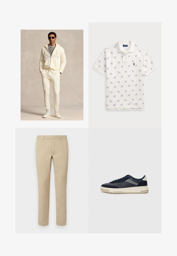 Krémově zbarvená mikina na zip s tkaničkami, v kombinaci se sladěnými tepláky. Nahoře je oblečená přes šedé tričko, doplněná bílými teniskami a slunečními brýlemi.; Bílá polo tričko vyrobené z bavlny, s opakovaným modrým vzorem psů a malým modrým logem na hrudi. Krátké rukávy a límeček.; Beige bavlněné kalhoty rovného střihu, s poutky na pás, plochým předním dílem a upravenými lemy. Hladká textura a minimální detaily.; BOSS BALTIMORE - Tenisky - open blue