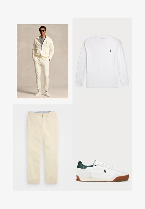 Kremowa bluza z kapturem na suwak z sznurkiem, w zestawie z dopasowanymi dresami. Noszona na szarym t-shircie, uzupełniona białymi trampkami i okularami przeciwsłonecznymi.; Biały t-shirt z długim rękawem wykonany z bawełny. Posiada okrągły dekolt, ściągacze przy mankietach oraz małe granatowe logo polo na lewej piersi.; Polo Ralph Lauren - Spodnie materiałowe; Białe trampki z zielonymi skórzanymi akcentami i brązową gumową podeszwą. Posiadają materiałową cholewkę oraz wyraźne logo po boku. Sznurowany fason.