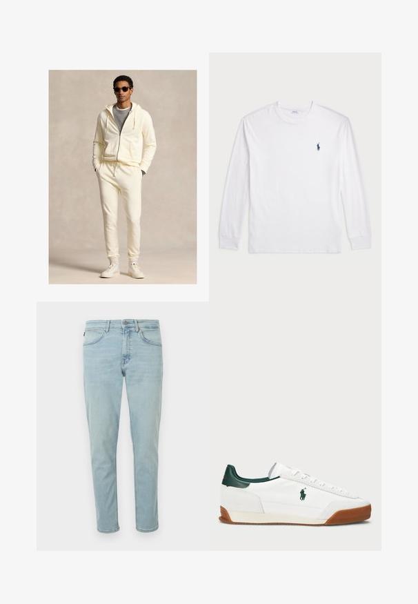 Kreemivärvi lukuga kapuutsiga pusa nööriga, sobitatud sama värvi dressipükstega. Kandes halli särgi peal, täiendatud valgete tossude ja päikeseprillidega.; Valge pika varrukaga T-särk, millel on puuvillane kangas. Omab ümmargust kaelust, soonikuid mansette ja väikest tumesinist polo logo vasakul rinnaosas.; Hele sinise tooniga kitsad teksad, millel on viis taskut, nööp- ja luku sulgemine ning minimaalne pleekimine, et säilitada puhas välimus.; Valged spordijalatsid roheliste nahkaaktsentidega ja pruunist kummist tallaga. Omab kangast keha ja silmapaistvat logo küljel. Käärimisdisain.