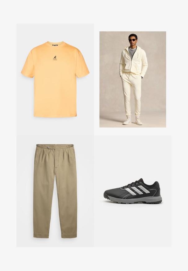 Krémovo sfarbená mikina na zips s kapucňou a šnúrkami, doplnená o zladené tepláky. Nosené cez sivé tričko, doplnené bielymi teniskami a slnečnými okuliarmi.; Žlté bavlnené tričko s okrúhlym výstrihom, krátkymi rukávmi a čiernym klokaním logom na hrudi. Jednoduchý a neohrabaný dizajn.; Béžové plisované nohavice vyrobené z ľahkej textílie, s gombíkovým zapínaním a prehnutými manžetami. Hladká textúra s čistými líniami.; Čierne atletické tenisky s textúrovaným zvrškom, striebornými akcentovými prúžkami, šnurovaním a šedou gumovou podrážkou s trakčnými hrotmi.