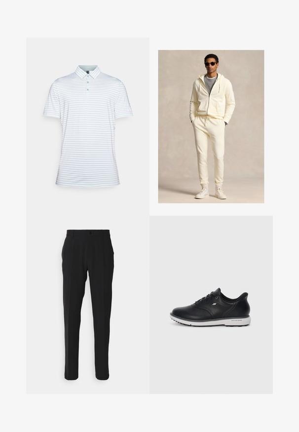 Kremasti pulover s kapuljačom na patentni zatvarač s vezicama, u kombinaciji s odgovarajućim trenirkama. Nosi se preko sive majice, uz bijele tenisice i sunčane naočale.; Polo majica u svijetloplavoj boji s bijelim horizontalnim prugama. Kratki rukavi, ovratnik s tri gumba, izrađena od glatkog materijala s prozračnom teksturom.; Crne hlače ravnog kroja, s jednim prednjim džepom, petljama za remen i kopčanjem na dugme. Glatka tekstura tkanine.; Crne kožne Skechers tenisice s vezicama, bijela pjena, bočni logo i teksturirana zaštita na potplatu, na jednostavnoj svijetloj pozadini.