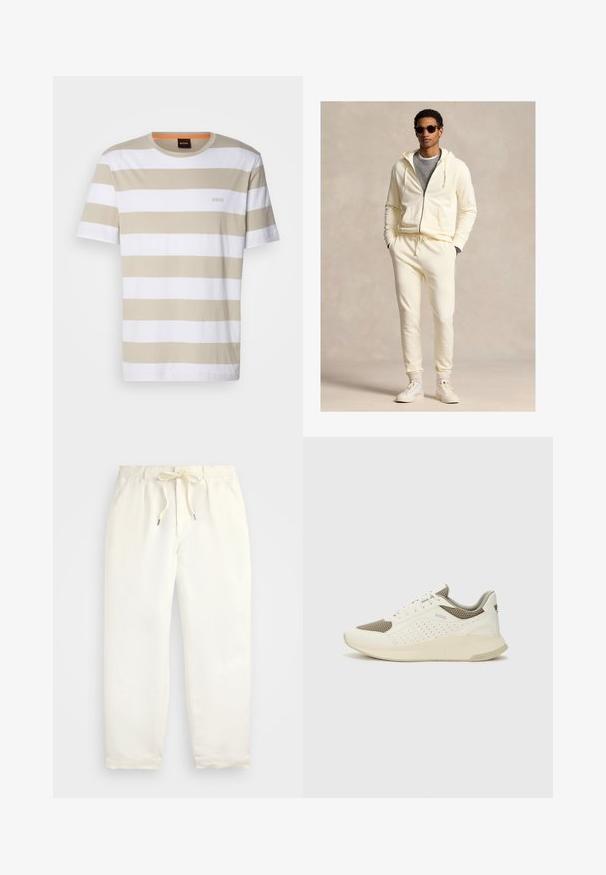 Kremo spalvos užsegama su užtrauktuku laisvalaikio striukė su raišteliais, derinama su derančiomis sportinėmis kelnėmis. Dėvima ant pilkos marškinėlių, užbaigta baltais sportiniais bateliais ir akiniais nuo saulės.; Dryžuota marškinėliai smėlio ir baltos spalvos, trumpomis rankovėmis, apvaliu kaklu, su logotipu ant krūtinės ir oranžiniu akcentu apykaklėje.; Šviesiai kreminės spalvos, laisvalaikio kelnės iš minkštos medžiagos. Turi elastinį juosmenį su raišteliais ir siaurėjantį kojų dizainą.; Baltas ir šviesiai bežinis sportinis kedas, su tinklo viršumi, perforuotais detalėmis ir tekstūruotu tarpine su logotipu ant kulno.