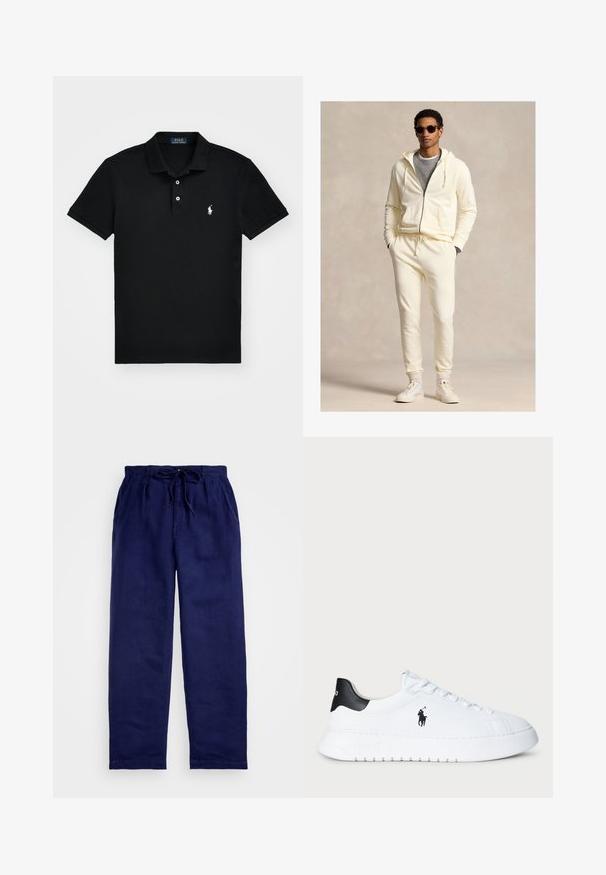 Kremo spalvos užsegama su užtrauktuku laisvalaikio striukė su raišteliais, derinama su derančiomis sportinėmis kelnėmis. Dėvima ant pilkos marškinėlių, užbaigta baltais sportiniais bateliais ir akiniais nuo saulės.; Juodas polo marškinėlis, pagamintas iš medvilnės, su klasikiniu apykakle, trimis mygtukais, trumpomis rankovėmis ir balta logo kairėje krūtinės pusėje.; Tamsiai mėlynos lino kelnės su raišteliu juosmenyje, su laisvu siluetu, tiesiomis kojomis ir šoninėmis kišenėmis. Aplinka lygi.; Balti žemesnio profilio sportiniai bateliai su juodu kulno užtrauktuku ir juodu Polo Ralph Lauren logotipu šone, su baltais raišteliais ir storu guminiu padu.