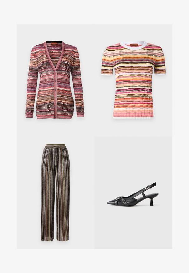 Többszínű kardigán, amely hullámos csíkos mintával készült rózsaszín, barna és krémszín árnyalatokban. V-nyakú, gombos záródással és bordázott mandzsettákkal rendelkezik.; Tarka színű, rövid ujjú kötött felső, hullámos csíkos mintával pink, narancssárga, fekete és sárga színekben. Fehér bordázott nyakkivágással rendelkezik.; Redőzött, bő szárú nadrág sokszínű fémes csíkokkal, fekete alapszínt kapott, rugalmas derékpánttal, ami csíkos mintázattal rendelkezik.; Fekete bőr slingback cipő hegyes orral, dekoratív pántokkal, fém szemekkel és alacsony blokk sarkú. Texturált felület.