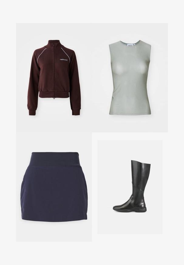 Felpa marrone con zip e colletto alto, cuciture bianche a contrasto, polsini e orlo a costine, e dettaglio del logo sul lato sinistro del petto. Tessuto morbido.; Top senza maniche di colore verde chiaro realizzato in tessuto morbido, con collo alto e silhouette aderente. Nessuna hardware o motivo visibile.; Gonna sportiva blu navy con una ampia cintura elastica, tessuto liscio e una silhouette aderente. Nessuna tasca o motivi distintivi visibili.; Stivale in pelle nera al ginocchio con finitura liscia, punta rotonda e suola morbida. Presenta una silhouette moderna e accenti di cuciture minime.
