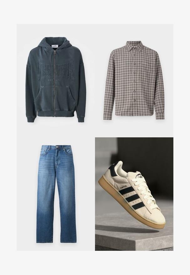 Felpa con zip di colore verde scuro con un logo testurizzato "VERTETRE BERLIN" sul davanti, dotata di cappuccio con cordino e tasche a canguro.; Camicia a quadri marrone e crema con colletto a bottoni, maniche lunghe e bottoni frontali; realizzata in tessuto testurizzato.; Jeans in denim blu a gamba dritta con cinque tasche e chiusura a bottoni e zip, esposti su uno sfondo bianco.; Sneaker in suede beige con tre strisce blu scuro, lacci bianchi e suola in gomma beige. Presenta un logo sulla linguetta e il testo "CAMPUS".