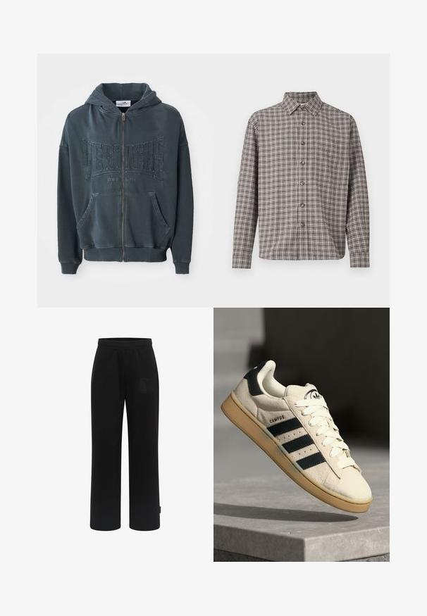 Mørkegrøn zip-up hoodie med et tekstureret "VERTETRE BERLIN" logo på fronten, som har en hætte med snørelukning og kængurulommer.; Brun og creme plaid skjorte med knap-ned krave, lange ærmer og frontknapper; lavet af struktureret stof.; Sorte joggerbukser lavet af blødt stof, med bred ben-design, elastisk talje og et tekstureret logo-patch på frontlommen.; Beige ruskinds sneaker med tre mørkeblå striber, hvide snørebånd og en tan farvet gummisål. Har et logo på tungen og teksten "CAMPUS".