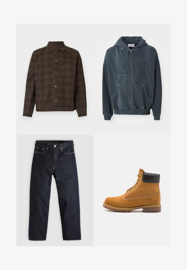 Dark green zip-up hoodie with a textured “VERTETRE BERLIN” logo on the front, featuring a drawstring hood and kangaroo pockets.; Brown plaid jacket with a button-up front, collar, and single chest pocket. Made of textured fabric with metallic buttons.; Dark blue denim jeans with a straight cut, five pockets, contrasting orange stitching, and a button fly. No visible patterns or embellishments.; Tan suede ankle boot with black padded collar, gold metal eyelets, white stitching detailing, and rugged rubber sole with pronounced treads.