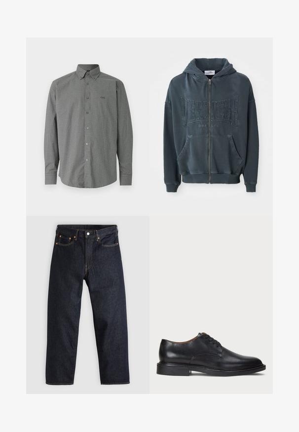 Tamnozelena zip-up dukserica s teksturiranim logotipom "VERTETRE BERLIN" sprijeda, koja sadrži kapuljaču sa vezicom i kengur džepove.; Siva košulja dugih rukava s gumbima, s finim bijelim mrežnim uzorkom i ovratnikom, s izvezenim logotipom BOSS na lijevoj strani prsa.; Tamno plave traperice ravnog kroja, s pet džepova, kontrastnim narančastim šavovima i dugmetom za zatvaranje. Nema vidljivih uzoraka ili ukrasa.; Crne kožne cipele s okruglim vrhom, vezanjem i niskim stogom. Glatka tekstura s minimalnim šavovima.