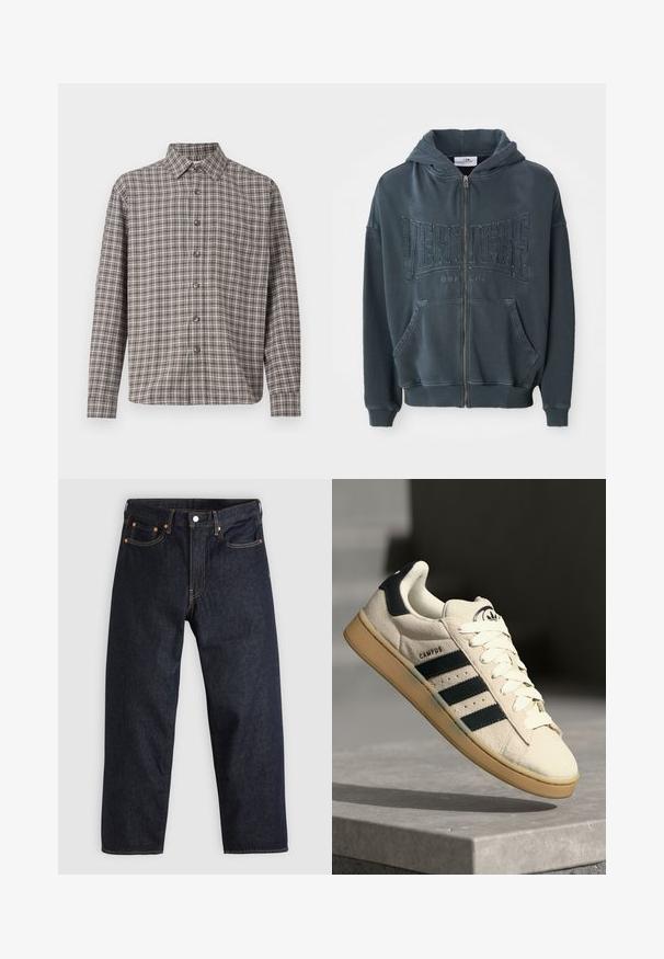 Tumši zaļš kapucīte ar rāvējslēdzēju un teksturētu "VERTETRE BERLIN" logotipu priekšā, ar aukliņu kapuci un kenguru kabatām.; Brūnas un krēmīgi pelēku svītru krekls ar pogām uz apkakles, garām piedurknēm un priekšējām pogām; izgatavots no tekstiledrupa.; Tumši zili džinsi ar taisnu piegriezumu, piecām kabatām, kontrastējošiem apelsīnu diegiem un ar pogu aizdari. Nav redzamu rakstu vai rotājumu.; Bežs zamšs sporta apavi ar trim tumši ziliem svītrām, baltām auklām un brūnu gumijas zoli. Uz mēles ir logo un teksts "CAMPUS".