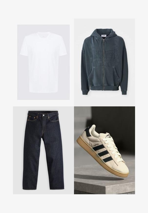 Ciemnozielona rozpinana bluza z kapturem z teksturowanym logo „VERTETRE BERLIN” z przodu, z kapturem ze sznurkiem i kieszeniami kangurzymi.; Biała koszulka z krótkim rękawem, wykonana z gładkiej bawełny, z okrągłym dekoltem; minimalistyczny design, z czystymi liniami i żadnymi widocznymi wzorami.; Brązowa i kremowa koszula w kratę z kołnierzykiem zapinanym na guziki, długimi rękawami i guzikami z przodu; wykonana z fakturowanej tkaniny.; Granatowe dżinsy w prostym kroju, z pięcioma kieszeniami, kontrastującymi pomarańczowymi szwami oraz zapięciem na guzik. Brak widocznych wzorów lub zdobień.; Beżowe zamszowe sneakersy z trzema ciemnoniebieskimi paskami, białymi sznurówkami i brązową kauczukową podeszwą. Zawierają logo na języku oraz tekst "CAMPUS".