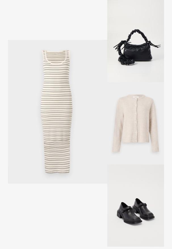 Bež kardigan od mekog pletenog materijala, s okruglim dekolteom, dugim rukavima i šest dugmadi sprijeda. Klasičan, jednostavan dizajn.; Prugasta maksi haljina bez rukava u krem i mornarskoj plavoj. Ima prilagođen siluetu, rebrastu teksturu i okrugli izrez.; Crne kožne cipele s okruglim vrhom, ravnim đonom i remenom s detaljem kopče. Debeli blok peti za dodatnu stabilnost.; Crna torba od umjetne kože s teksturom krokodila, s cinčanim vrhom i naboranom trakom. Izgleda mekano i kompaktno u dizajnu.