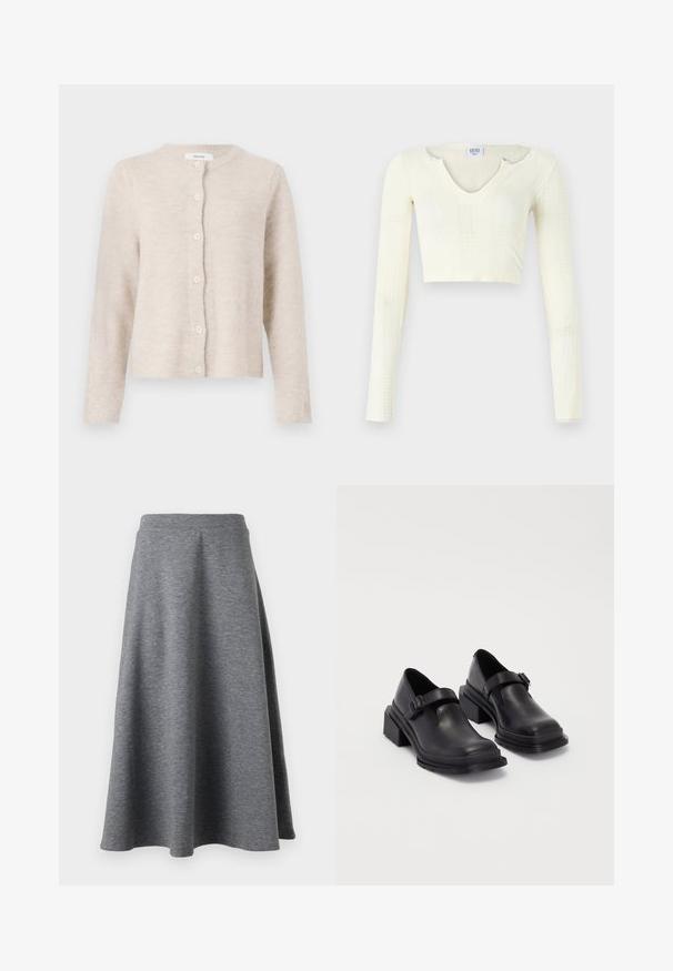 Beige neuletakki, joka on valmistettu pehmeästä neuloksesta. Siinä on pyöreä kaulus, pitkät hihat ja kuusi nappia edessä. Klassinen, yksinkertainen muotoilu.; Lyhyt toppi off-white neulemateriaalista. Pitkät hihat, joissa on ribbitekstuuri ja pieniä leikkuukohtia kauluksessa.; Harmaa, polvipituinen hame pehmeästä, joustavasta materiaalista, jossa on liehukkamallinen muotoilu ja joustava vyötärönauha mukavuutta varten.; Mustat nahkakengät, joissa on pyöreä varvas, litteä pohja ja soljellinen hihna. Paksu lohkopohja lisää vakautta.