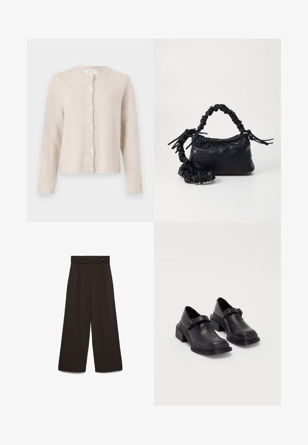 Beige Strickjacke aus weichem Material, mit rundem Halsausschnitt, langen Ärmeln und sechs Knöpfen an der Vorderseite. Klassisches, einfaches Design.; Crop-Top aus cremefarbenem Strickmaterial. Lange Ärmel mit gerippter Textur und kleinen Aussparungen am Kragen.; Hosen mit weitem Bein aus dunkelbraunem Stoff, mit hohem Bund, zwei vorderen Taschen und zwei vorderen Knöpfen zum Verschließen. Glatte Textur.; Schwarze Lederhalbschuhe mit runder Zehenpartie, flacher Sohle und einem Riemen mit Schnallen-Detail. Robuster Blockabsatz für zusätzliche Stabilität.; Schwarze Handtasche aus Kunstleder mit Krokodilstruktur, gerafftem oberen Teil und einem geschoppten Tragegurt. Sie wirkt weich und kompakt im Design.