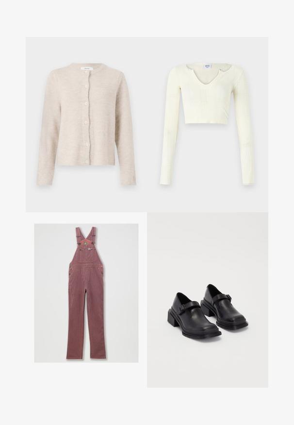 Beige cardigan made of soft knit material, featuring a round neckline, long sleeves, and six front buttons. Classic, simple design.; Crop top in off-white knit material. Long sleeves with ribbed texture and small cut-out details around the neckline.; Red-striped denim overall with adjustable shoulder straps, large front pocket, and side pockets. Features metal hardware and a stitched hem.; Black leather shoes with a rounded toe, flat sole, and a strap with a buckle detail. Chunky block heel for added stability.