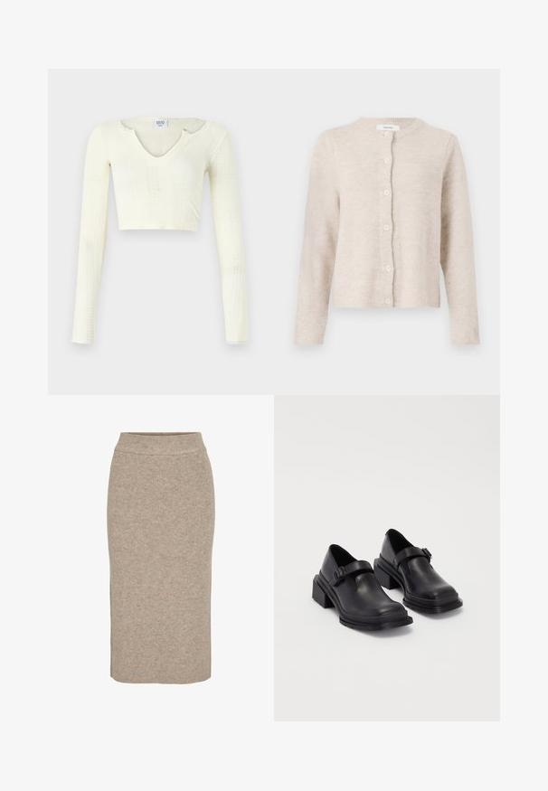 Beige cardigan made of soft knit material, featuring a round neckline, long sleeves, and six front buttons. Classic, simple design.; Crop top in off-white knit material. Long sleeves with ribbed texture and small cut-out details around the neckline.; Knit pencil skirt in light beige, featuring a ribbed texture, high waist, and slim fit. Hem falls below the knee.; Black leather shoes with a rounded toe, flat sole, and a strap with a buckle detail. Chunky block heel for added stability.