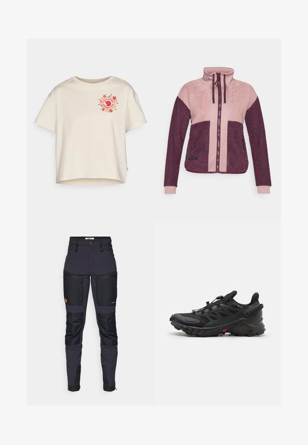 Dame fleecejakke med hel frontglidelås, snorlås i kragen, sidelommer med glidelås, og fargeblokker i lyserosa og mørk lilla.; Kremfarget bomull T-skjorte med korte ermer, med et sirkulært blomstermotiv i rødt og grønt på fronten, rund hals.; Mørkegrå bukser med svarte forsterkede lapper. Funksjoner inkluderer glidelåslommer, en tettsittende design og en slitesterk stofftekstur.; Svarte sportsko med en teksturert overdel, utstyrt med et sikkert snordsystem, en polstret såle og et fremtredende rødt accent på siden.